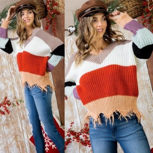 REBECCA Distressed Sweater Comfy Cozy Fall Trend - Picture 1 of 5